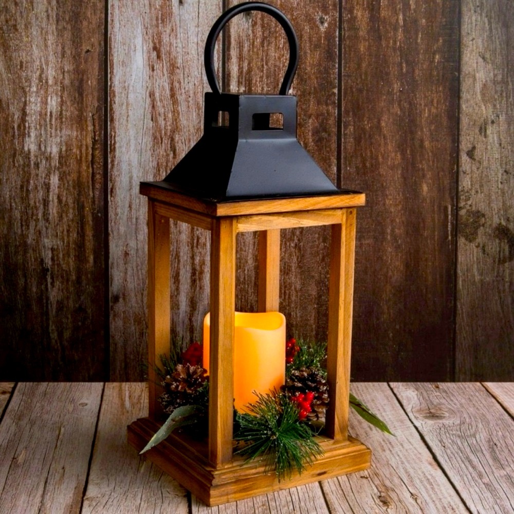 NWT-  Christmas Leaves & Pinecones Light Up Wood Lantern